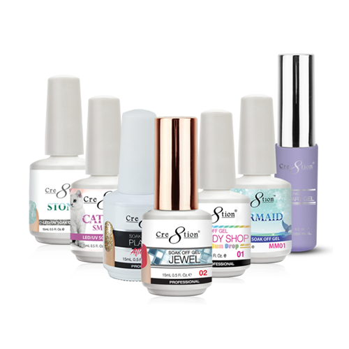 Soak Off Gel Collection 1 - Soak Off Gel Mermaid 0.5oz - Soak Off Gel Cat Eye Chameleon 0.5 oz - Soak Off Gel Cat Eye Glaze 0.5 oz - Soak Off Gel Cat Eye Jade 0.5 oz - Soak Off Gel Cat Eye Smoke 0.5 oz. - Soak Off Gel Jewel 0.5 oz - Soak Off Gel Candy Shop 0.5 oz - Soak Off Gel Platinum After Party Gel 0.5 oz - Soak Off Gel Stone 0.5 oz - Soak Off Gel Detailing Nail Art 0.33 oz