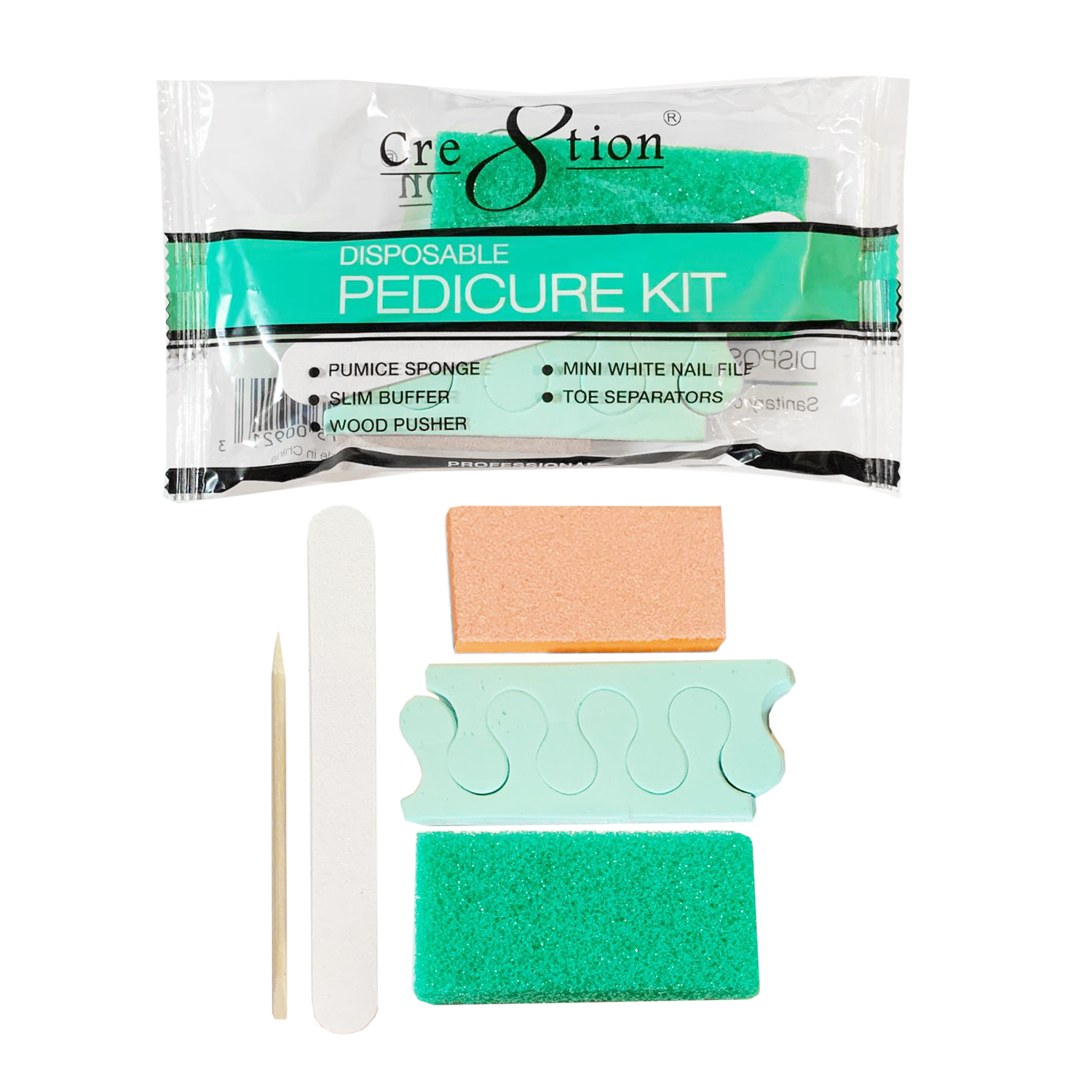19341 - Pedicure Kit B For the full pedicure and extra comfort. Includes 1 Pumice Sponge, 1 Mini White Nail File, 1 Slim Buffer, 1 Wood Pusher and 1 pair of Toe Separators (200 kits/case)