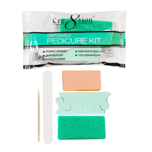 19341 - Pedicure Kit B For the full pedicure and extra comfort. Includes 1 Pumice Sponge, 1 Mini White Nail File, 1 Slim Buffer, 1 Wood Pusher and 1 pair of Toe Separators (200 kits/case)
