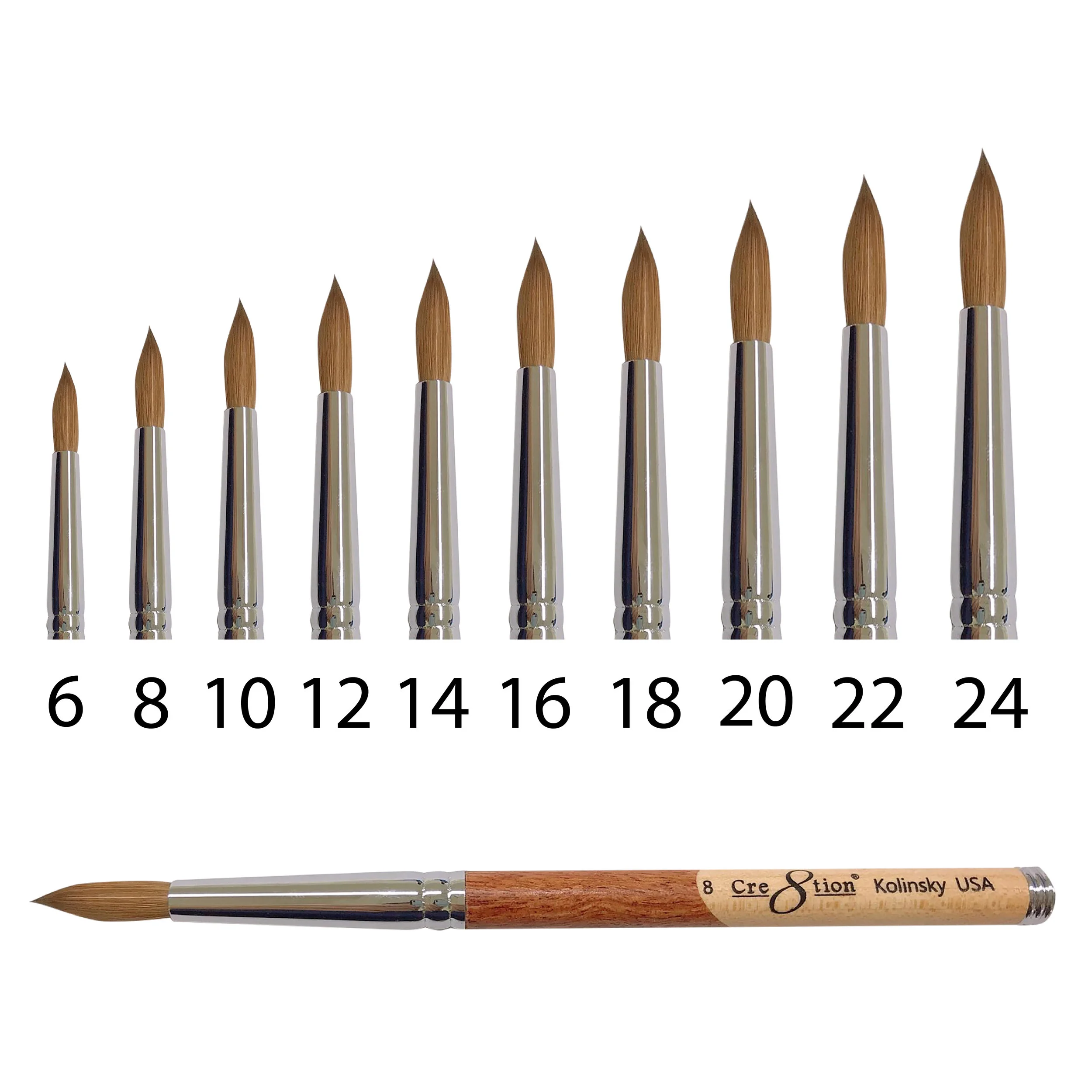 Kolinsky Acrylic Brush Forrest 150 pcs/box, 600 pcs/case 12174 - Size 06 12175 - Size 08 12176 - Size 10 12177 - Size 12 12178 - Size 14 12179 - Size 16 12180 - Size 18 12181 - Size 20 12182 - Size 22 12183 - Size 24