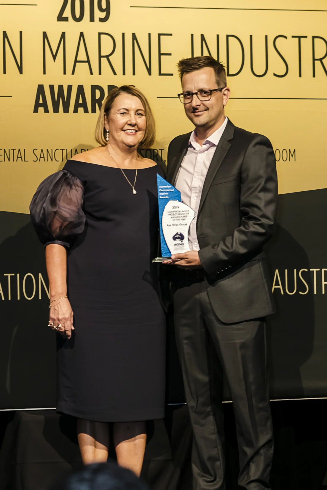 Tommy Ericson, CEO of Aus Ships Group receives the award for Commercial Marine Project/Design of Manufacturer of the Year for the InterContinental Hayman Island fleet of vessels.