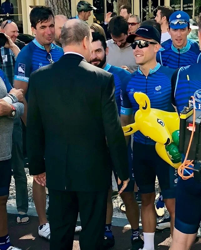 HSH Albert II of Monaco greeting Tom Hill at the finish line in 2018.