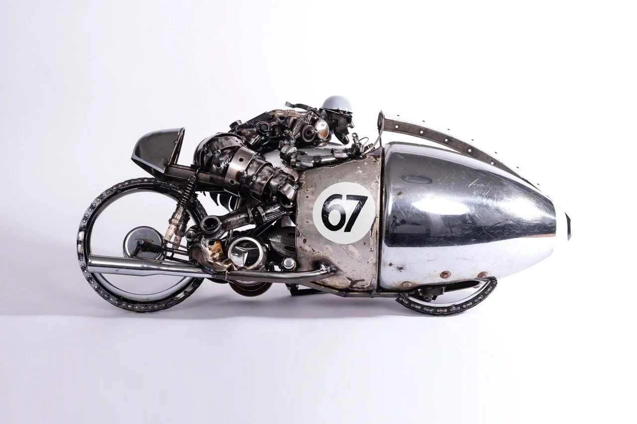 "Dustbin Fairing Racer No. 67" sculpture