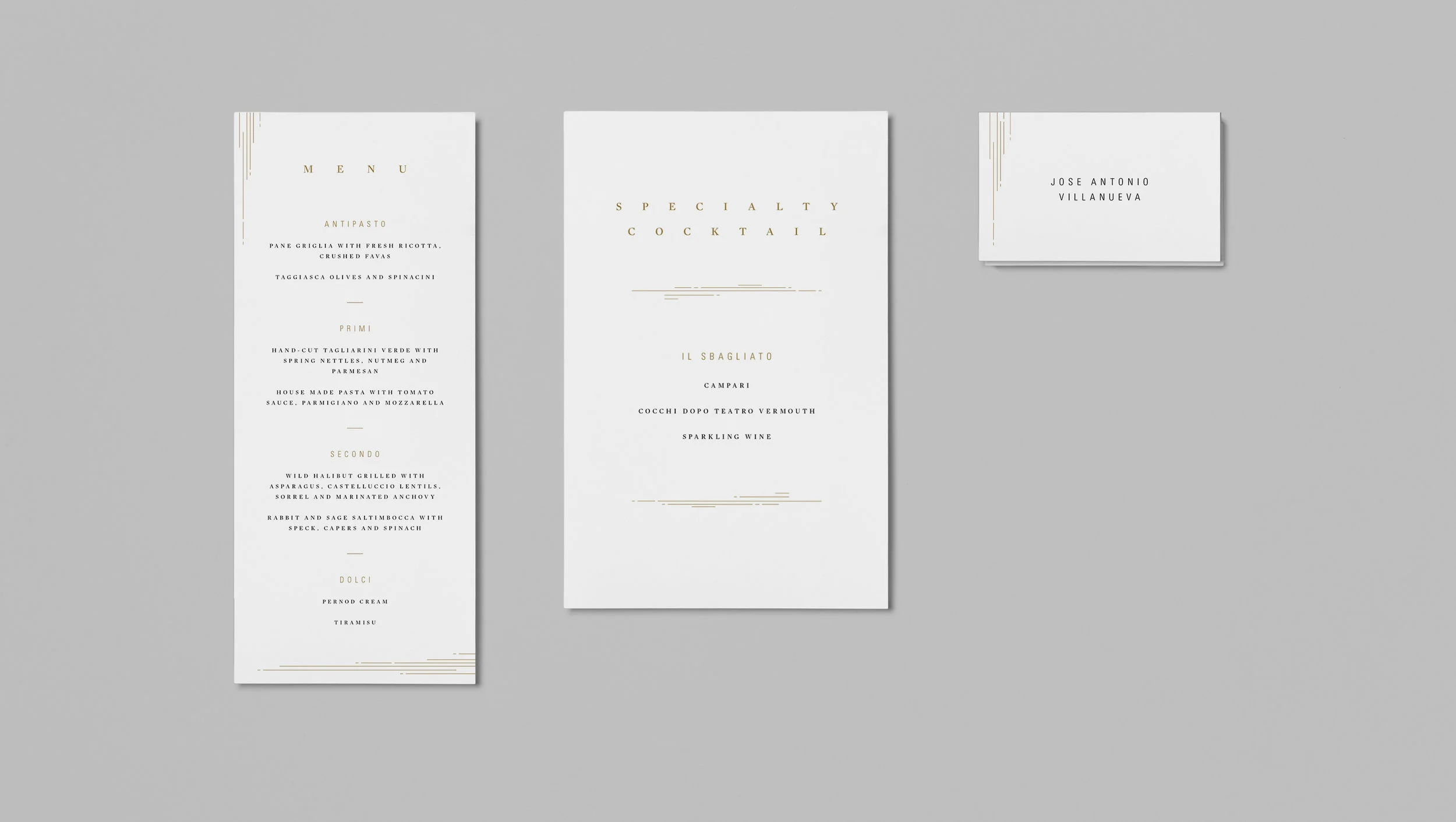 Printed collateral: Menu, Specialty Cocktail and Name Cards.