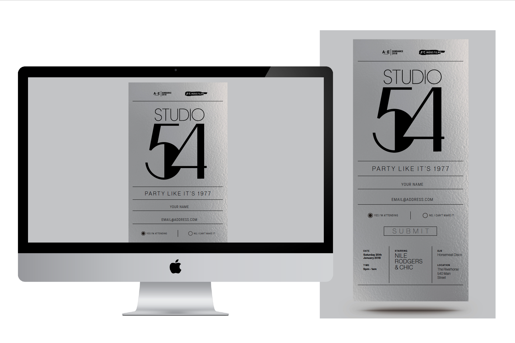 A&E Indie Films Studio 54 party digital invite design
