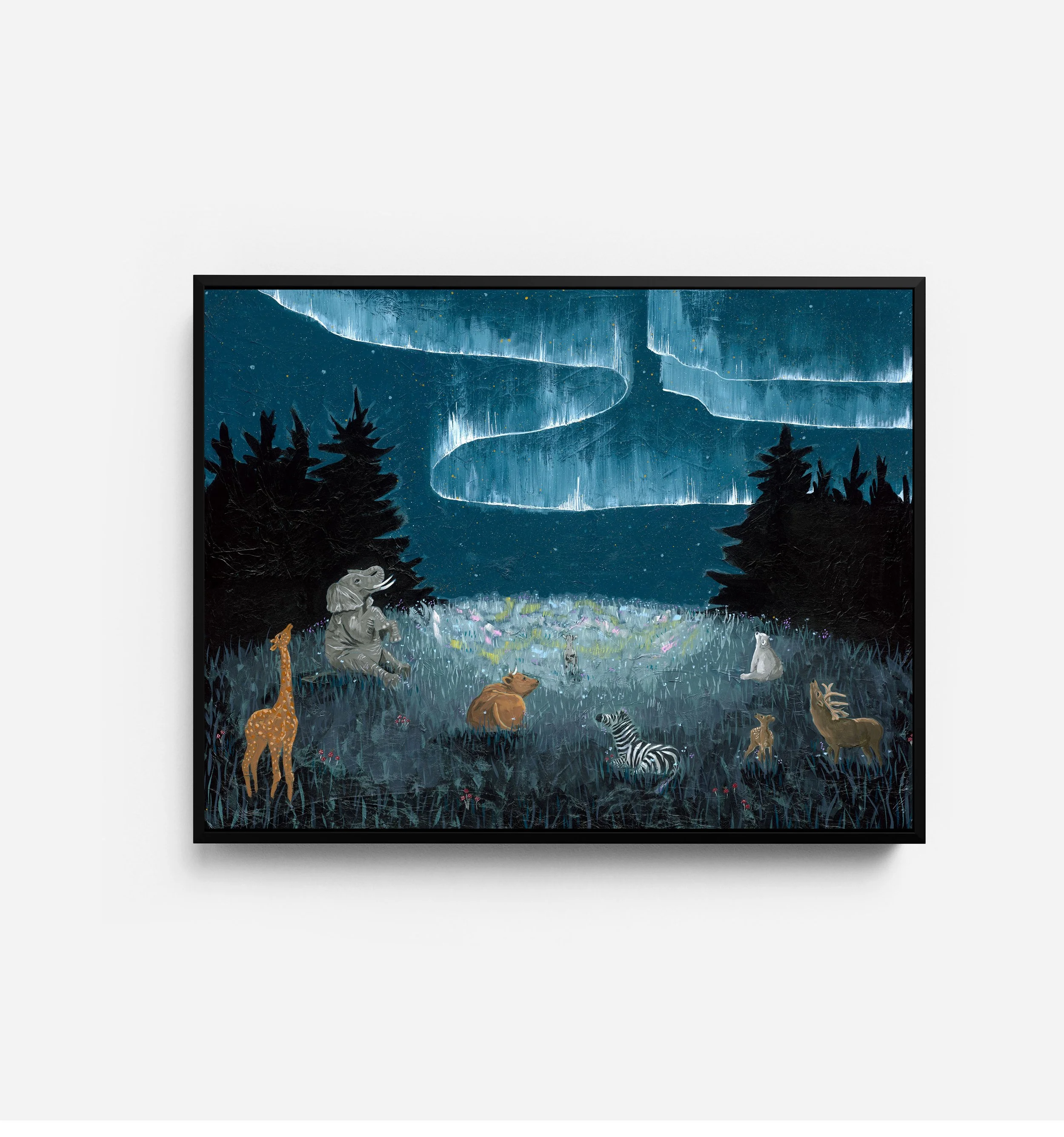 painting for kids bedrooms, animals looking up at the aurora belt and stars