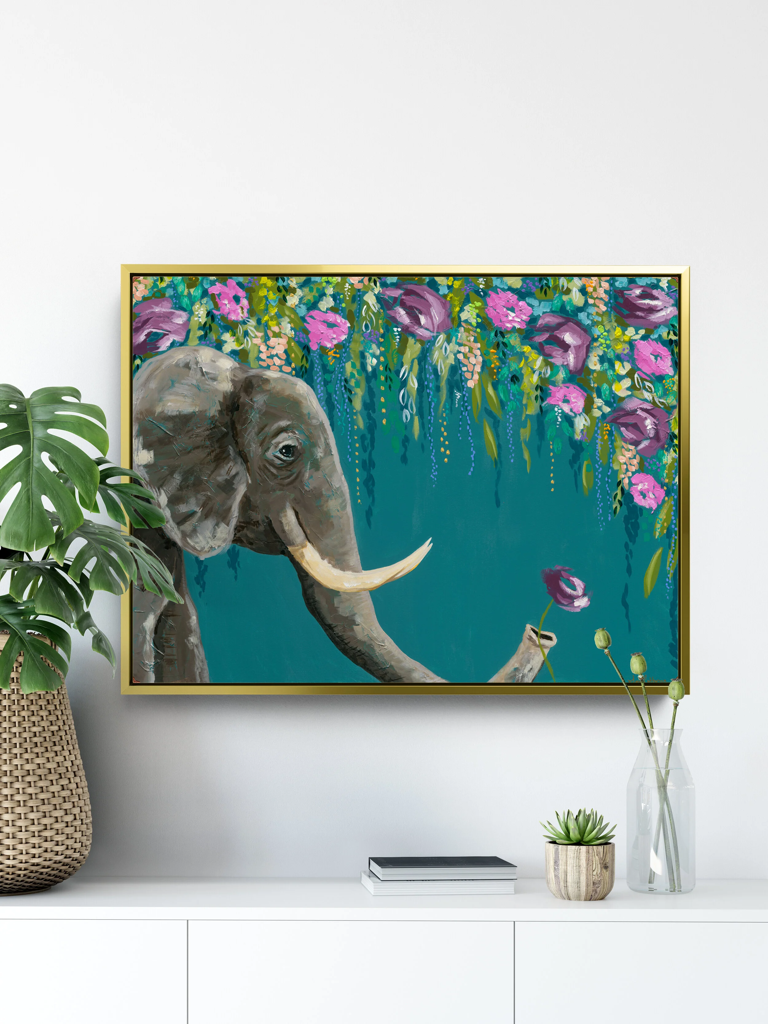 bright elephant floral painting