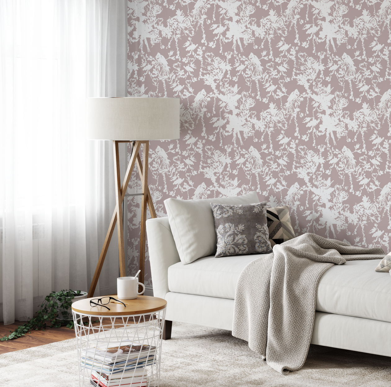 classic toile wallpaper in blush pink - bird and vines — COPPER CORNERS