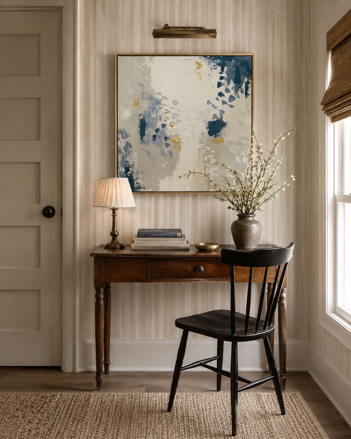 slow-dance-abstract-painting-on-striped-wallpaper-office-nook.jpg