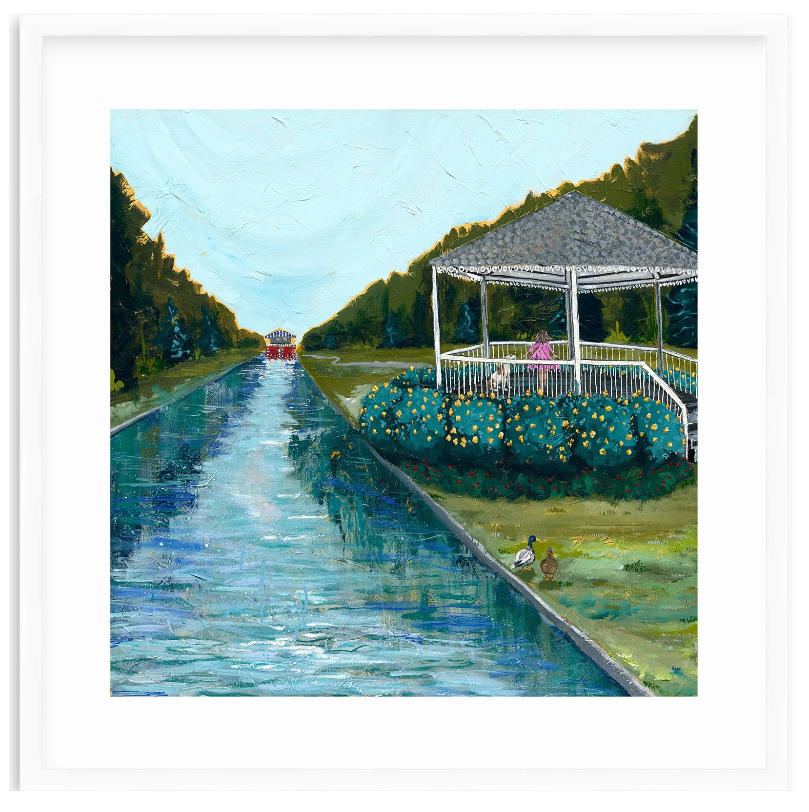 white gazebo in a park with little girl and dog (Copy)