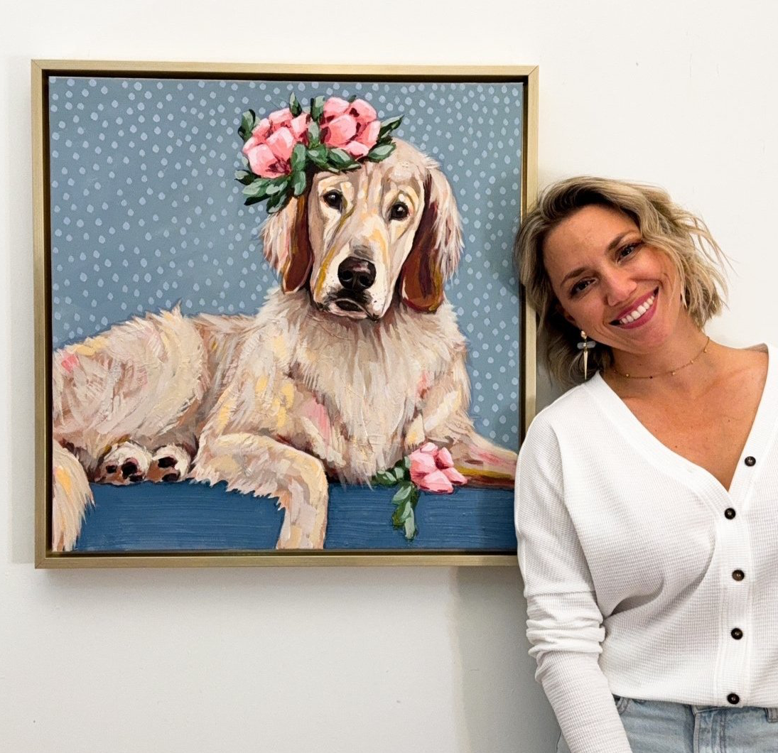 painting of a golden retriever with flowers in her hair