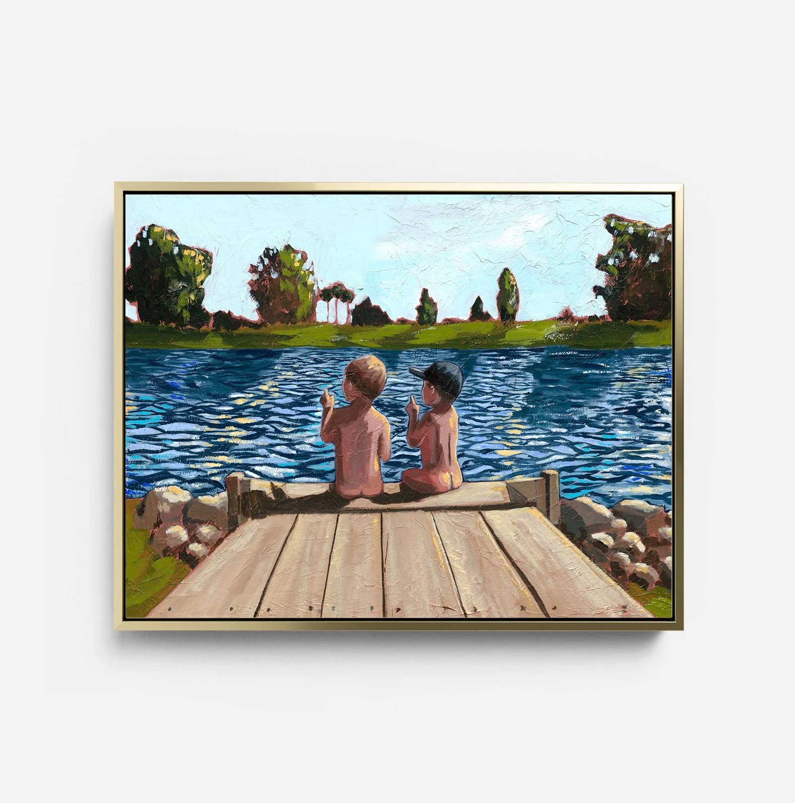 painting of two little boys sitting on a dock watching the water (Copy)