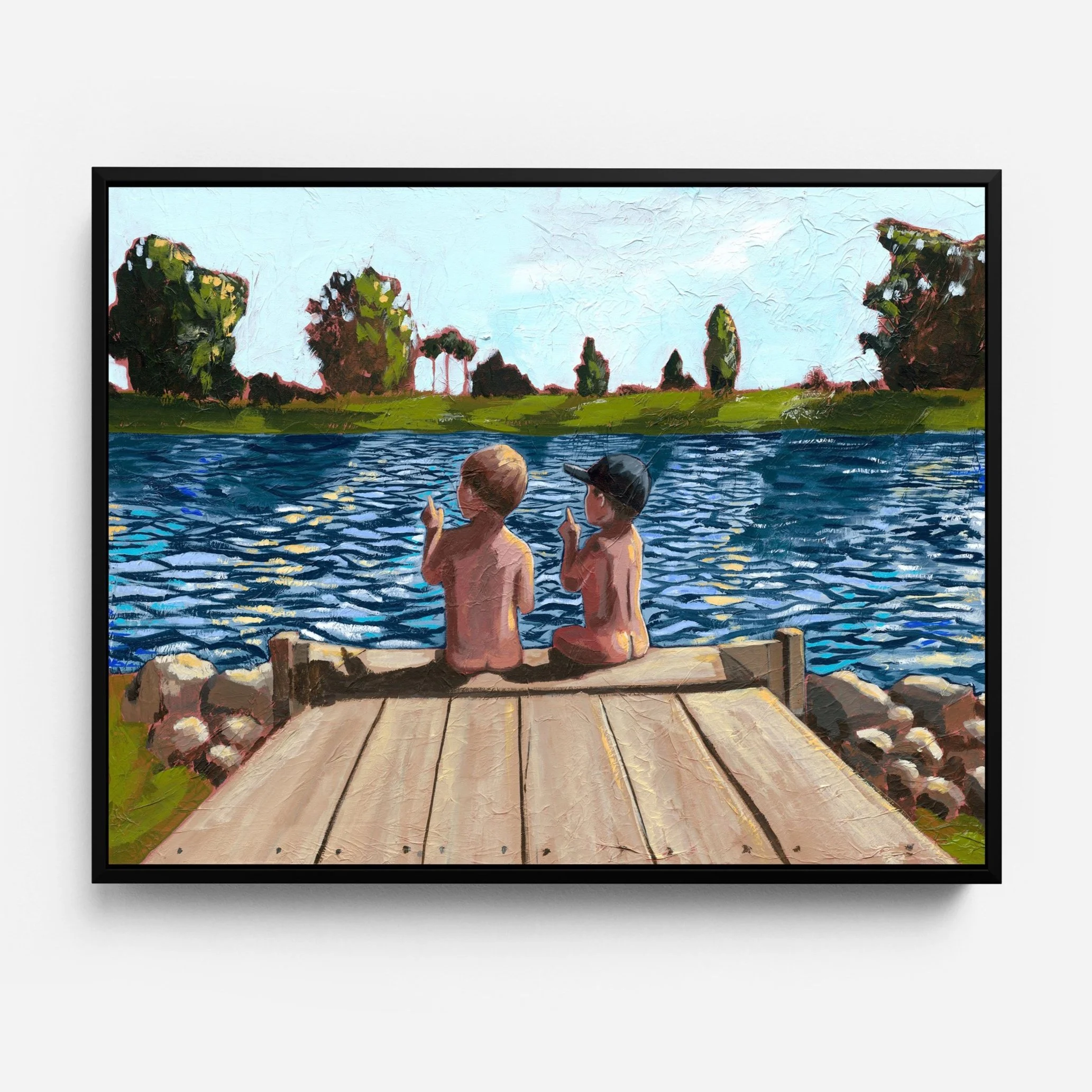 two little boys talking on a dock along a river (Copy)