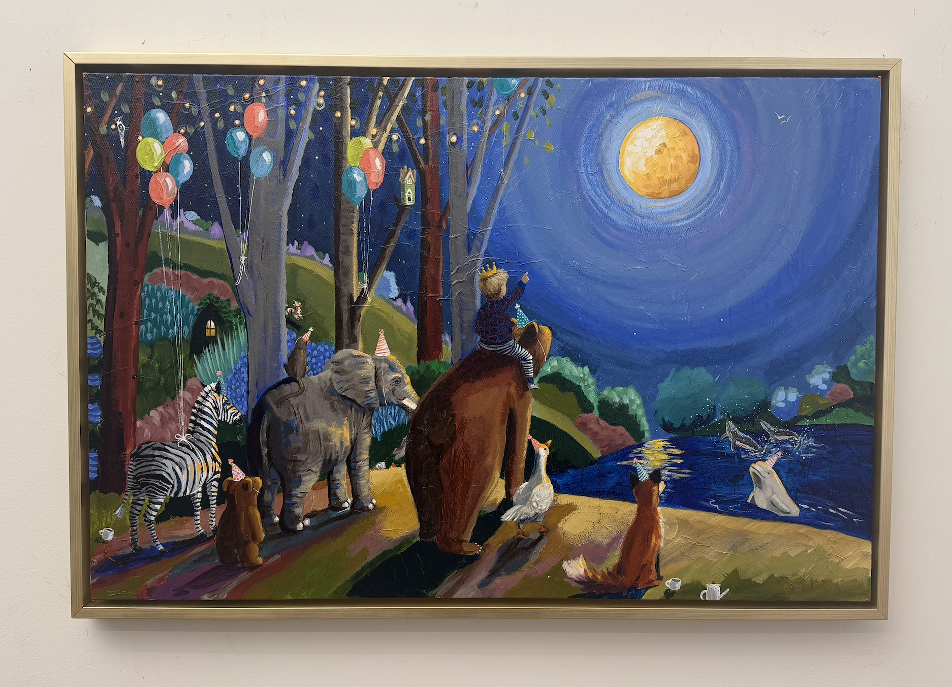 painting of a little boy riding a bear through the woods with lots of animals, wearing party hats and balloons
