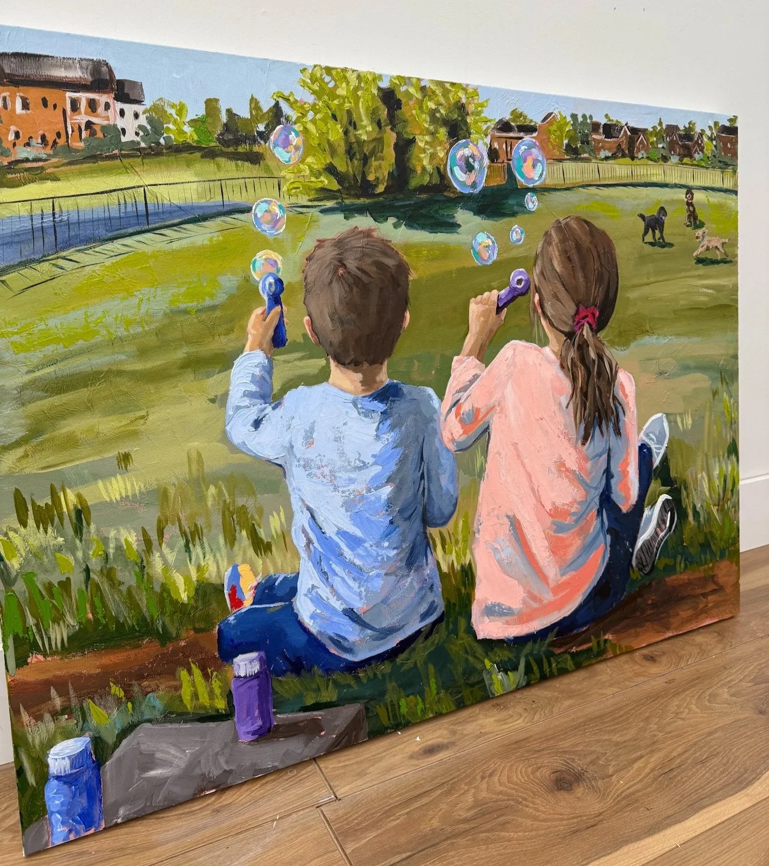 custom paintings of two kids blowing bubbles