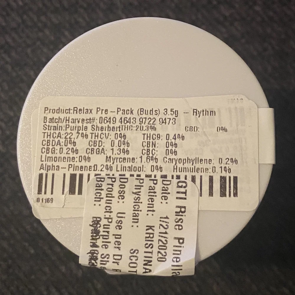 Cannabis flower label shows THCa and THC9 content.