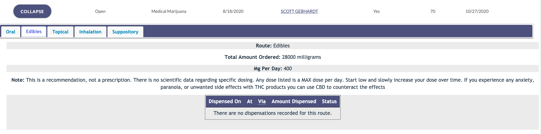 Registry capture showing open medical marijuana (high THC) edibles recommendation with 28,000 milligrams remaining for purchase.