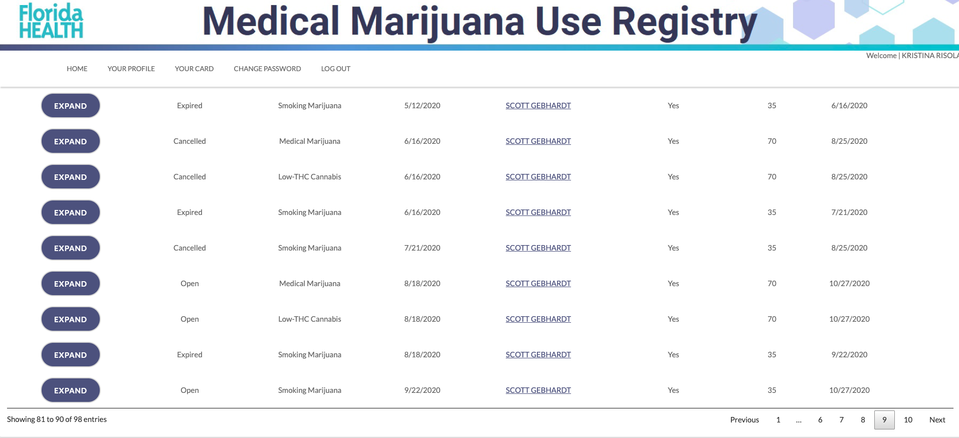 Registry capture showing expired, current, and scheduled orders.