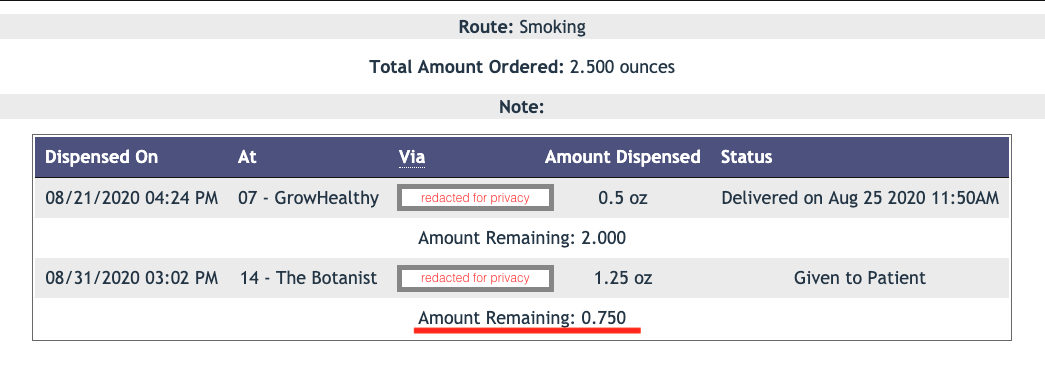Registry capture showing purchases and .75 ounces of smokable cannabis remaining on recommendation.
