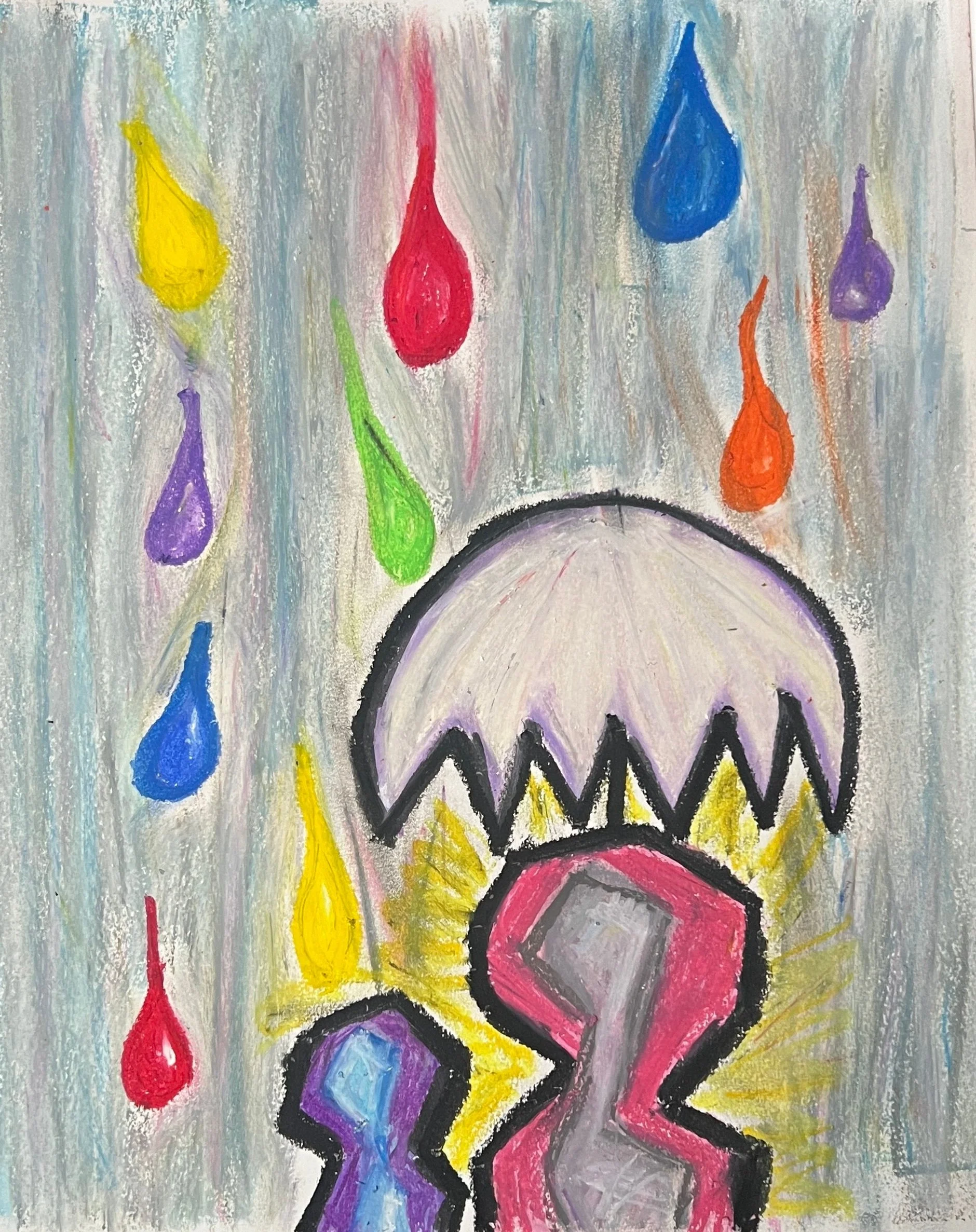 Two abstract, faceless figures stand close together beneath a crooked, eggshell like umbrella as colorful raindrops descend around them. The stormy gray blue background is rendered in streaky pastel strokes, while bold black outlines define figures.