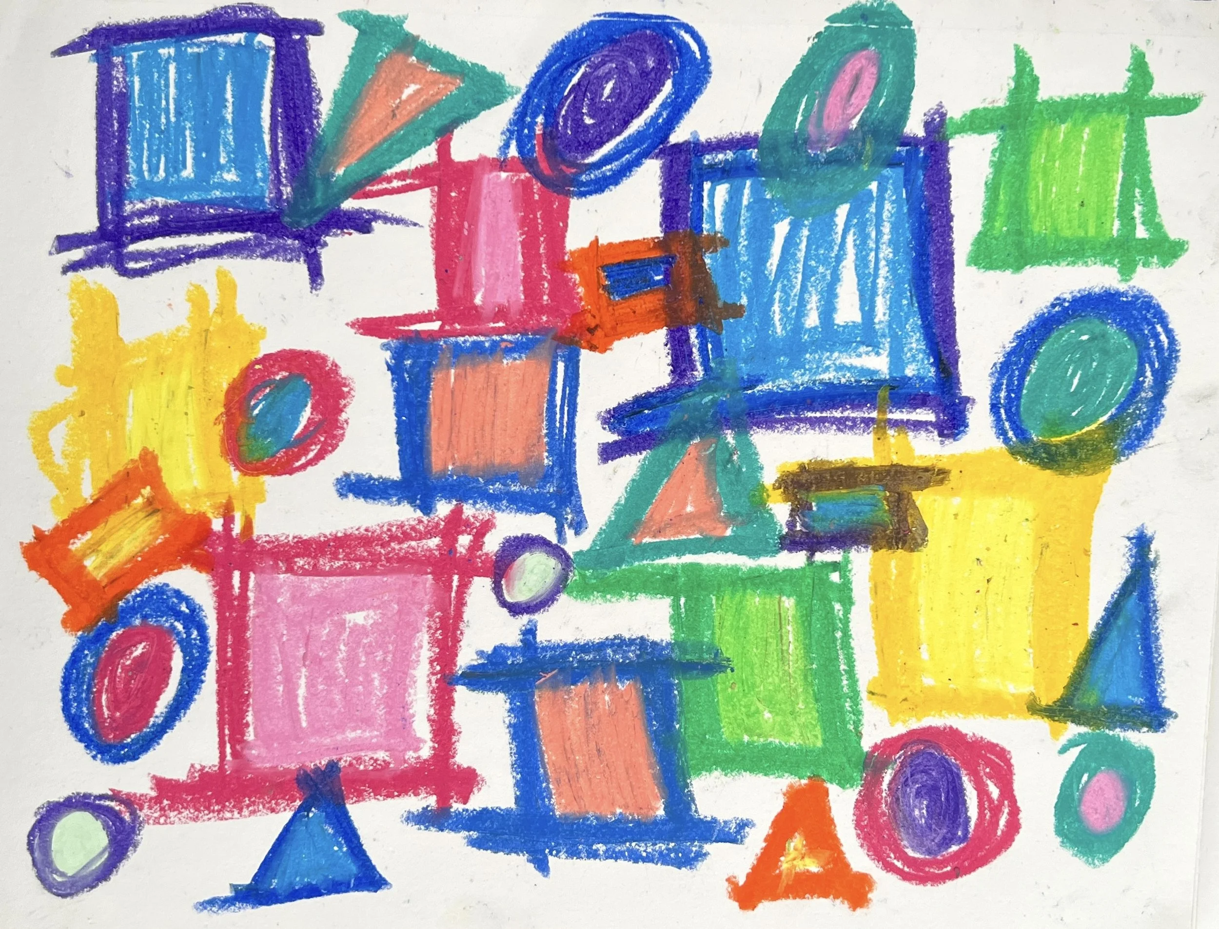 white background with hand drawn shapes in bright colors, the shapes are drawn in oil pastel and include circles, squares, and triangles in multiple and various bright colors.