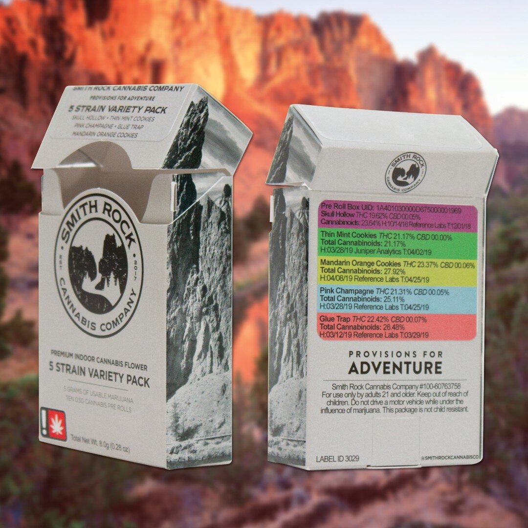 Variety pack box design for my outdoorsy friends at @smithrockcannabisco ⛰️ This was a multi-pack design featuring different strains in the same package, with a corresponding colored insert inside the box to match the sticker. 🎨

#cannabisdesign #pa