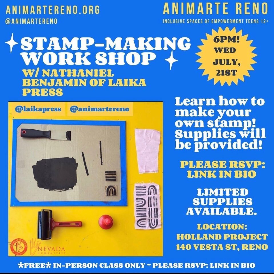 Today we&rsquo;re collaborating with our friends at @animartereno for this stamp-making workshop. RSVP now thru the link in @animartereno&lsquo;s bio 🎟! Workshop starts at 6pm @hollandreno!