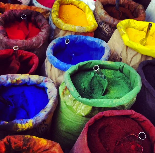 Bags of pigments at a backstreet market in Istanbul, Turkey.