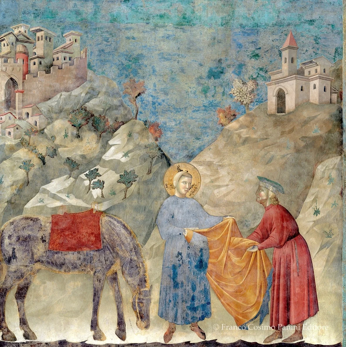"Il dono del un mantello a un povero" (1297-99) by Giotto in the Upper Basilica of San Francesco fresco cycle of the life of Saint Francis.