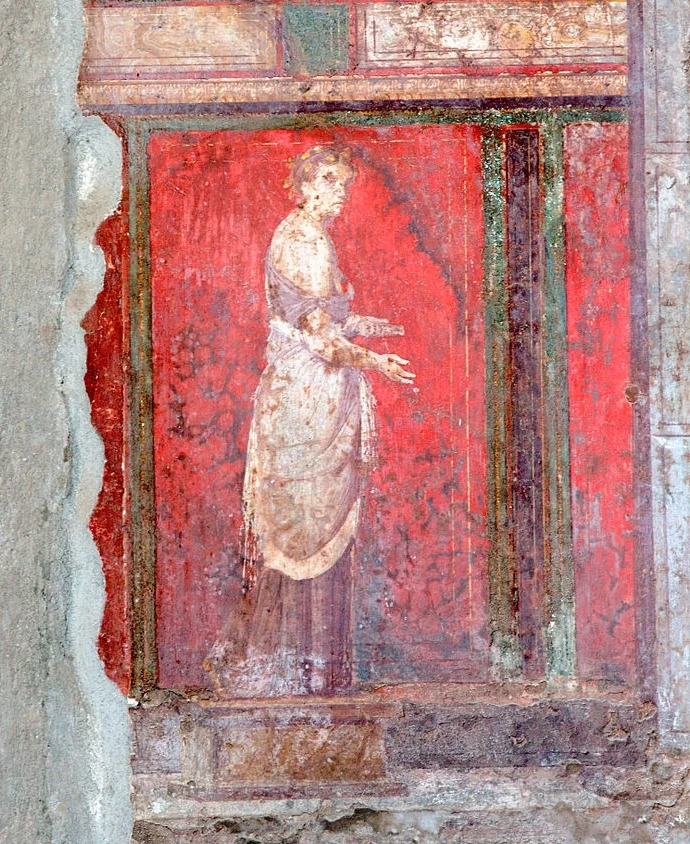 The Villa of Mysteries , like the rest of the Roman city of Pompei, was buried in the eruption of Mount Vesuvius in 79 AD and excavated from 1909 onwards.