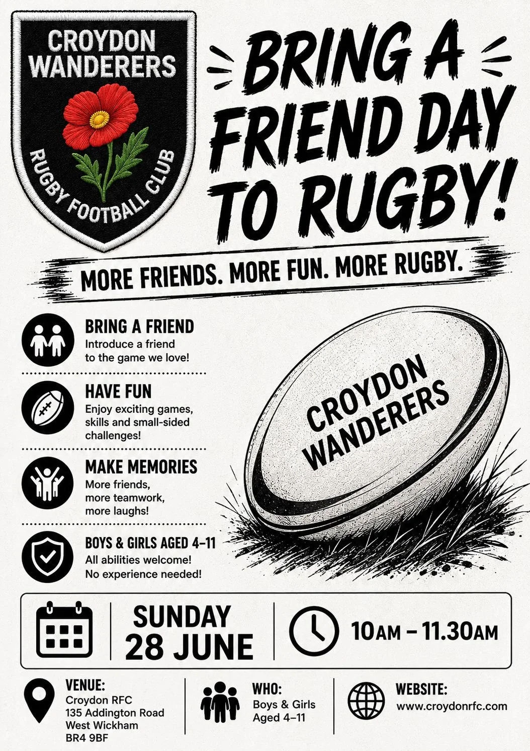 CWRFC Minis Rugby info paoster in black and white with logo, rugby ball and info text