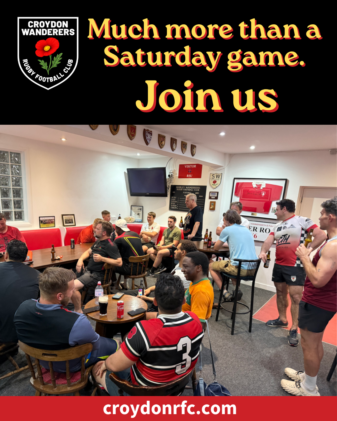 Croydon Wanderers RFC players relax in the clubhouse after pre-season training