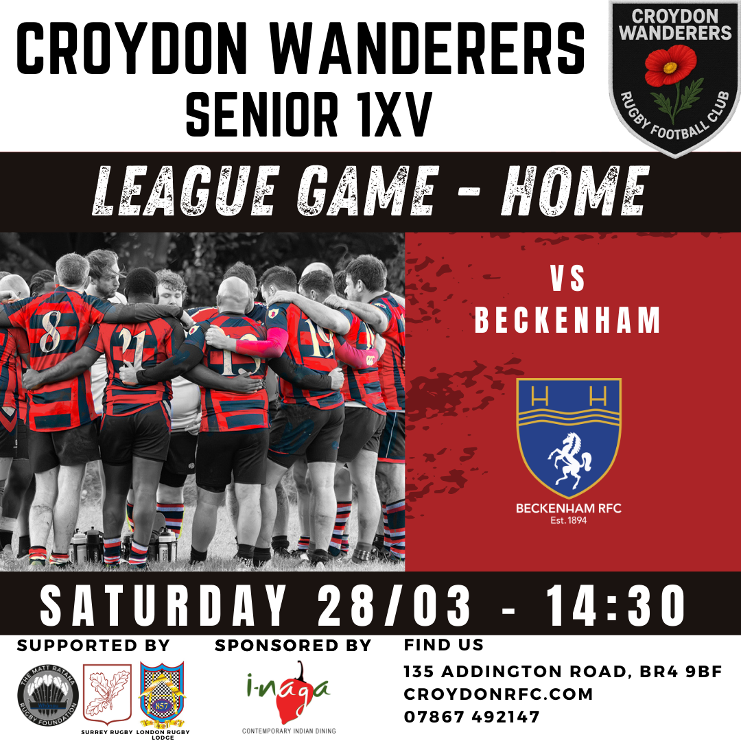 Croydon Wanderers RFC vs Beckenham RFC – League game Home Saturday 28 March 2026 at 14:30