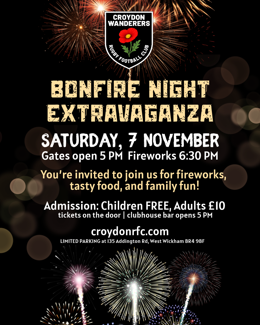 CWRFC Bonfire Night Extravaganza on 7 November 2026 from 5 pm