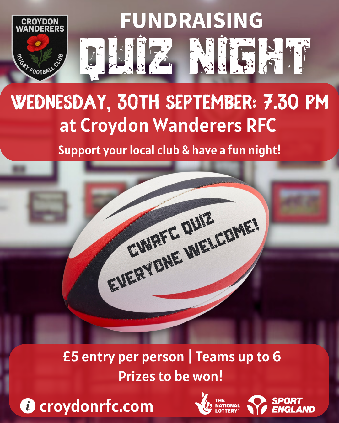 Fundraising Quiz Night 7:30 PM on Wednesday 30th September at the CWRFC clubhouse