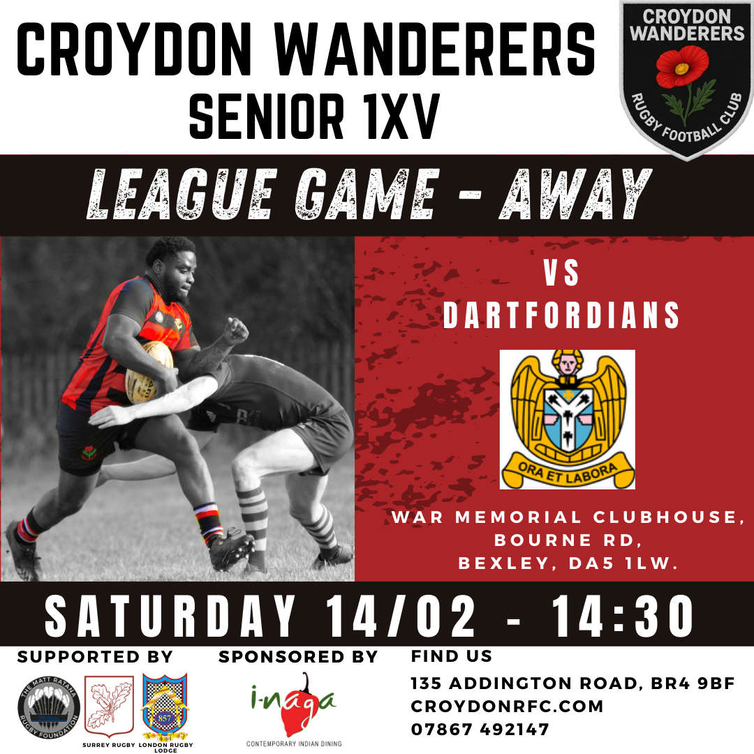 Croydon Wanderers RFC vs Dartfordians RFC – League game Away Saturday 14 February 2026 at 14:00