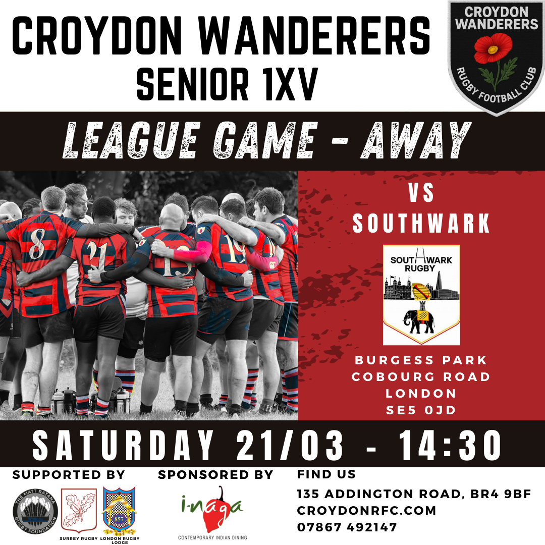 Croydon Wanderers RFC vs Southwark RFC – League game Away Saturday 21 March 2026 at 15:00