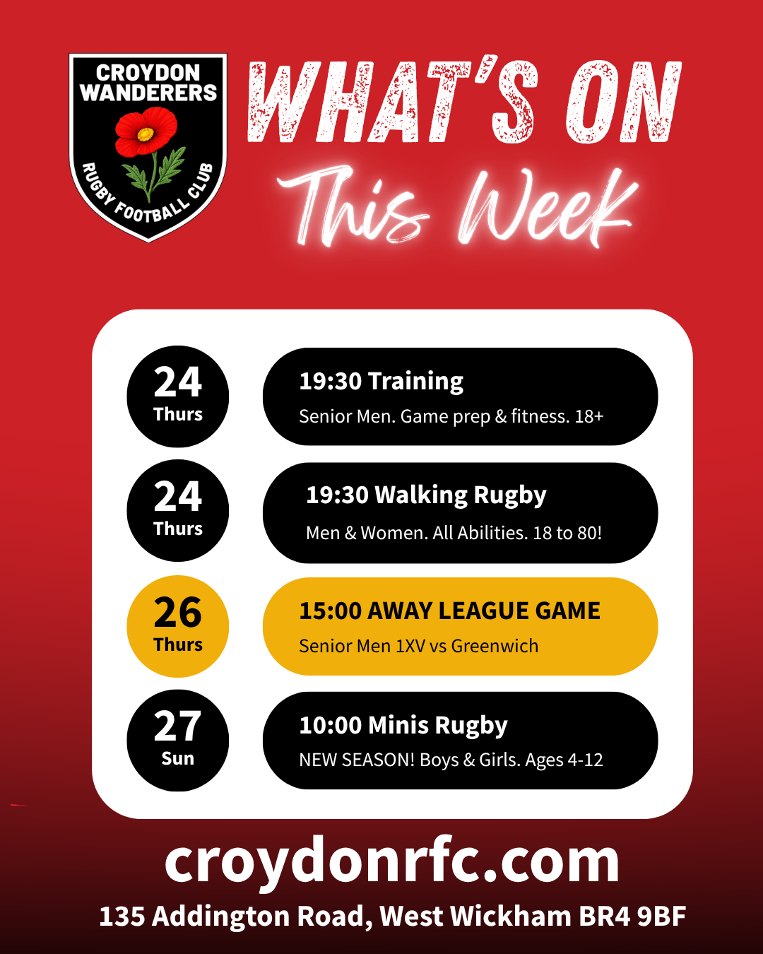 list of What's on this week at CWRFC 21/09/26
