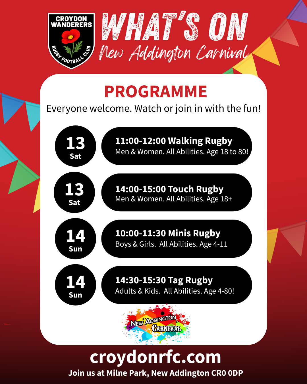 Programme of Rugby events at New Addington Carnival, 13 and 14 June 2026