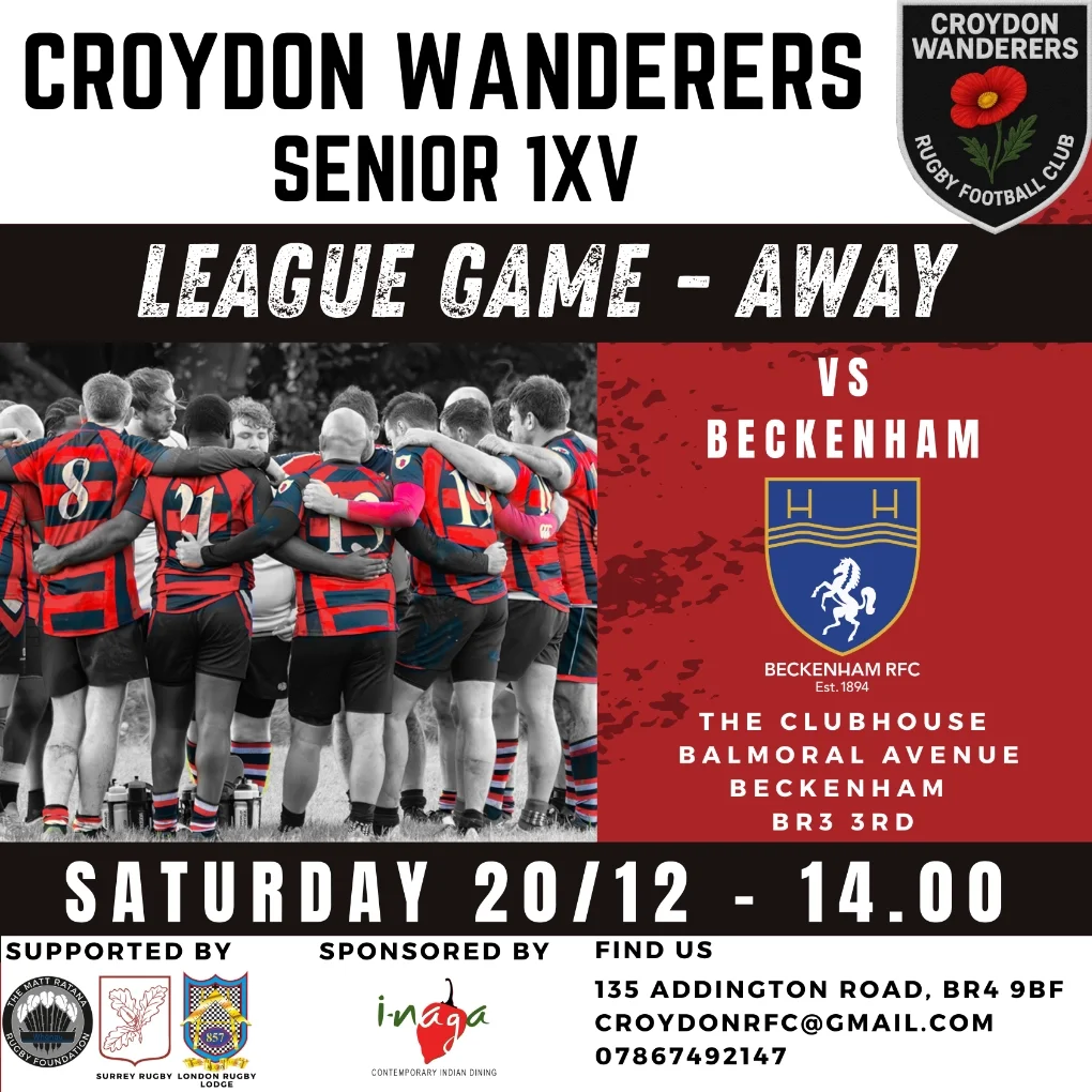 Croydon Wanderers RFC vs Beckenham RFC – League game Away, Saturday 20 December 2025 at 14:00