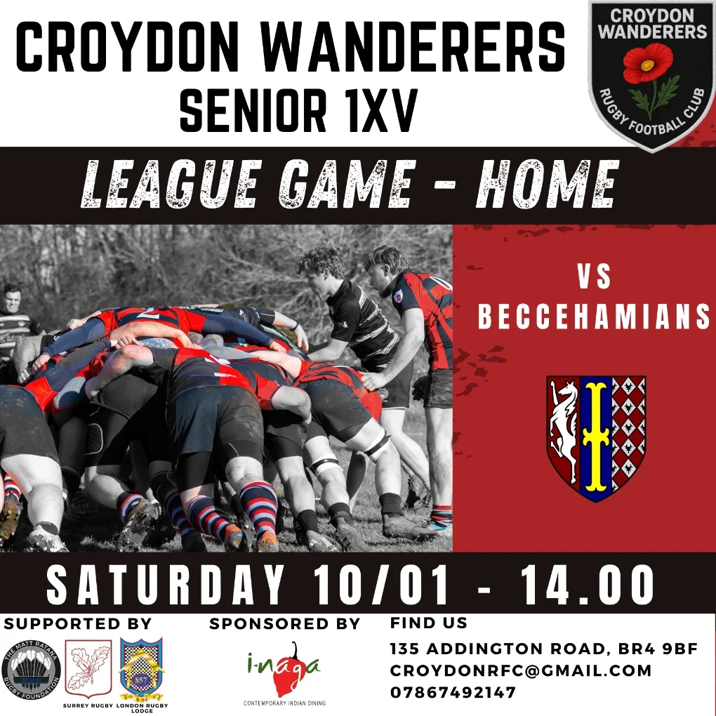 Croydon Wanderers RFC vs Beccehamians RFC – League game Home Saturday 10 January 2025 at 14:00