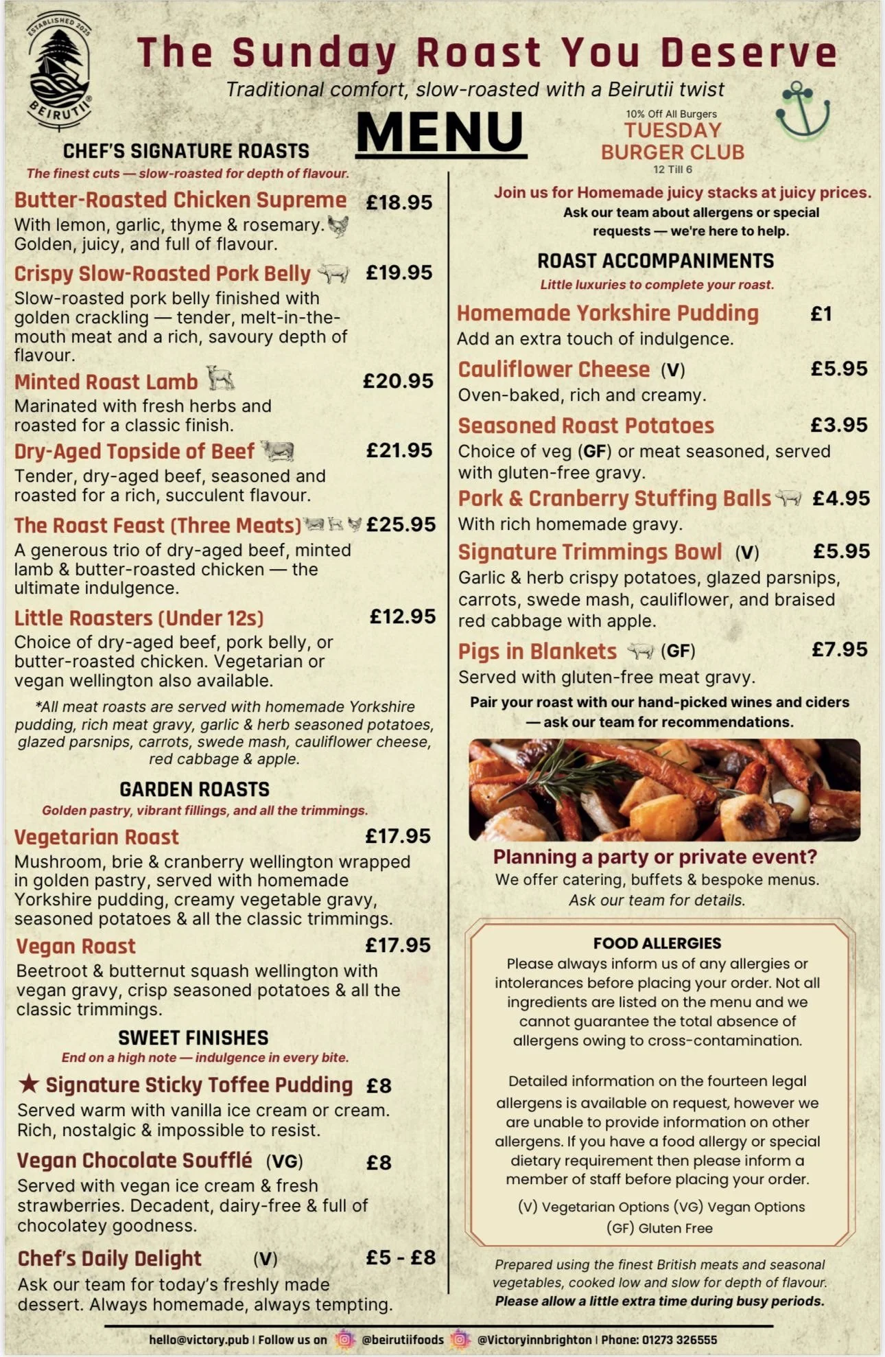 Sunday Roast Menu