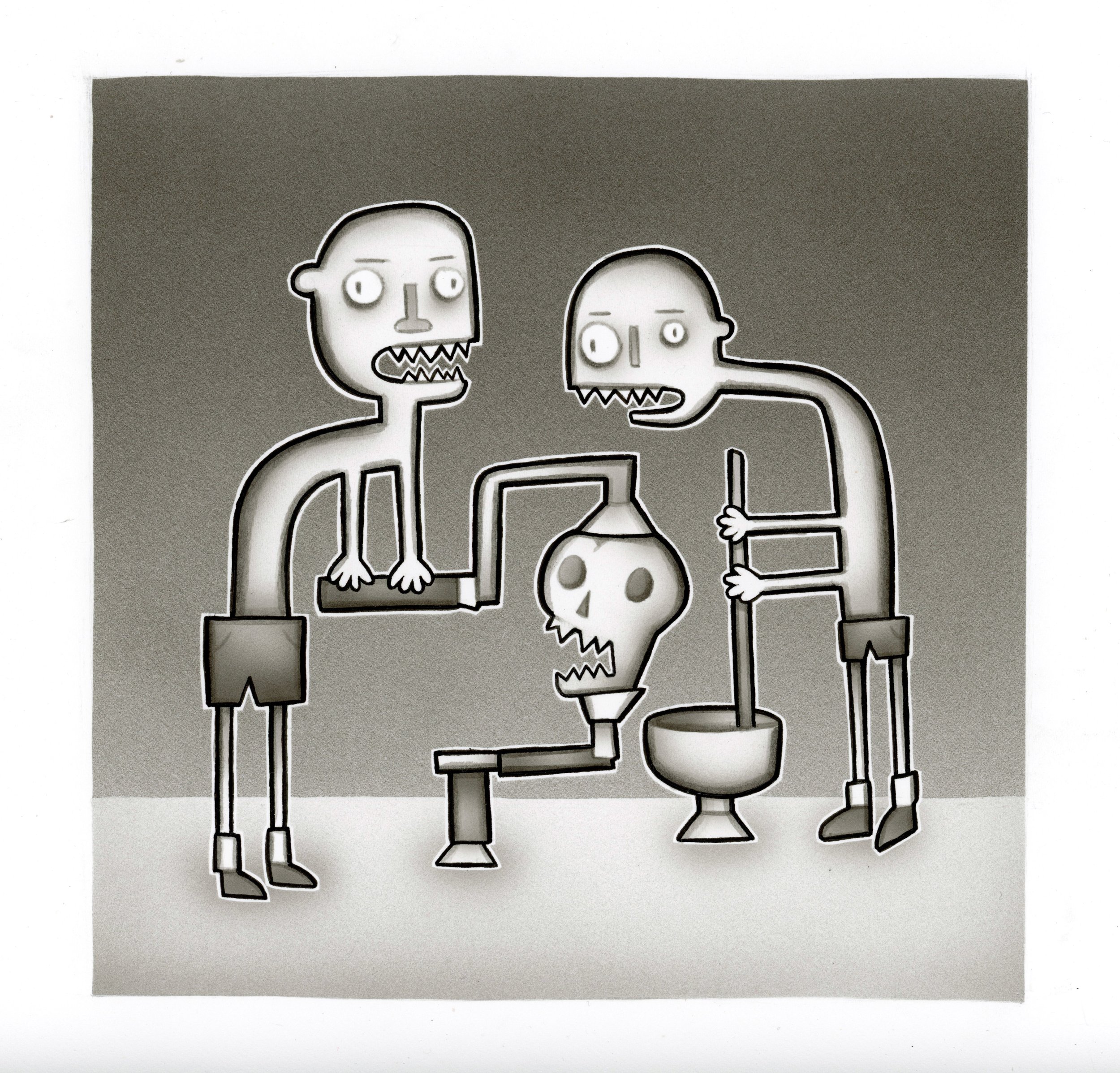 Skullcrushing 1, ink on paper, 2026