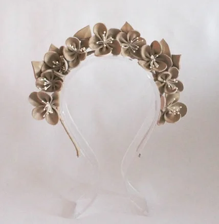 Ash Grey Millinery Harvest Love Nude Leather Flower crown bridal wedding headpiece hair accessory.