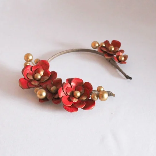 Ash Grey Millinery Featherstone leather camellia crimson headpiece bridesmaid wedding hair accessory crown