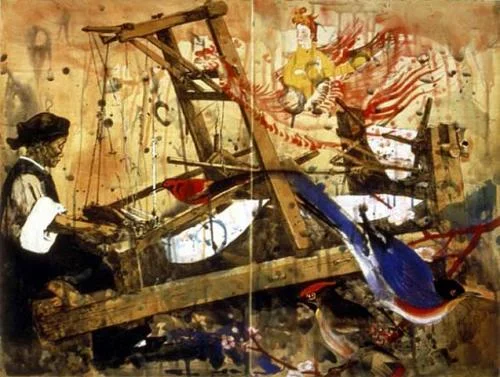 Women at Work: Looms , 1999 color softground and spitbite aquatint etching with scrape and burnish 39.5 x 48.5 in Trial Proof #J, edition of 35 Framed