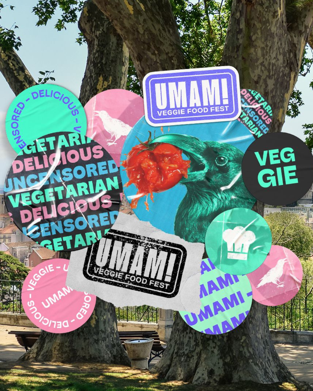 Colourful sticker collage promoting UMAMI Veggie Food Fest overlaid on sun-dappled trees in Lisbon