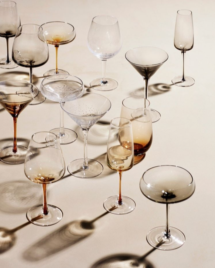   Red Wine Glass Amber ,  White Wine Glass Amber  , Champagne Glass Amber ,  Cocktail Glass Amber , and  Martini Glass Amber  all created by  Broste Copenhagen.   