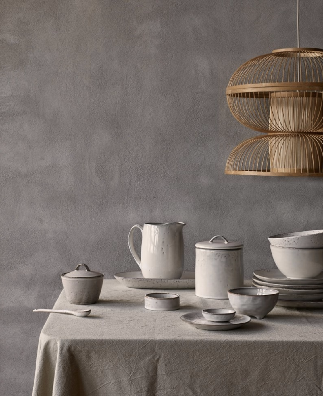   Large Milk Jug,   Oval Plate  ,  Little Bowl,   Jar with lid,   Sugar Bowl ,  Bowl on small feet ,  Lunch Plate ,  Bowls , all the tableware is from the  Nordic Sand Collection  created by  Broste Copenhagen.   