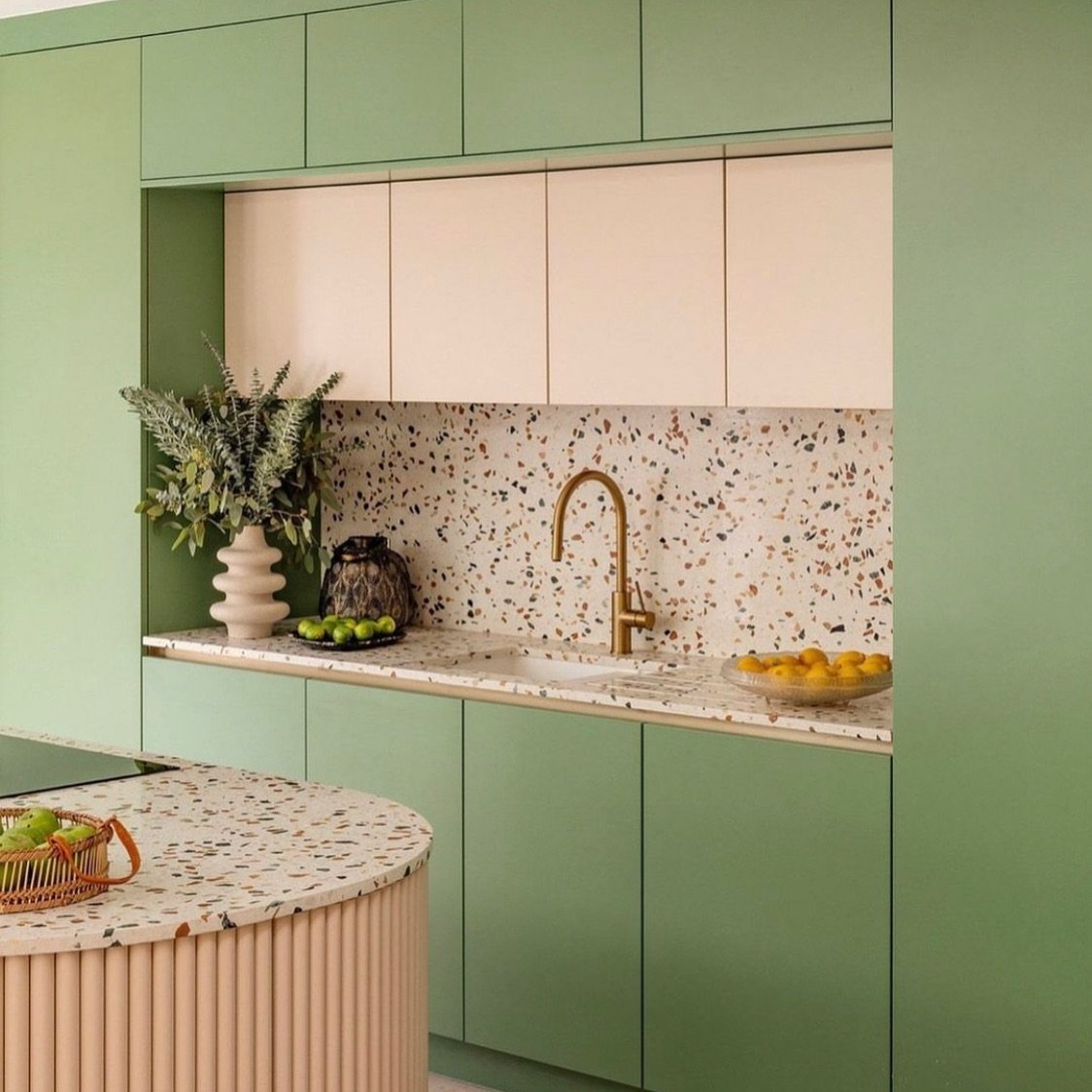 @sheratoninteriors and @studio_jayga_architects have outdone themselves with this award winning kitchen. 

Calming green and cream palette, playful Terrazzo countertops, and elegant gold fixtures - the perfect blend of classic and contemporary style.